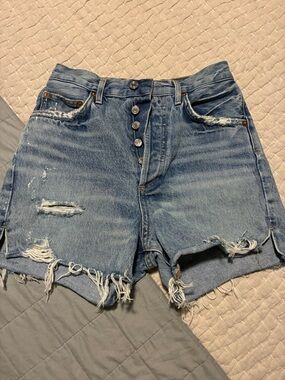 Agolde Light Blue Distressed Button-Front Jean Shorts